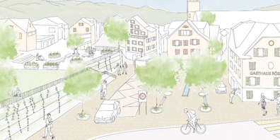 Visualisierung Eingangstor Rössli: Für Motorverkehr steigt der Durchfahrtswiderstand, dafür gibt es mehr Raum für Langsamverkehr und zum Aufenthalt.