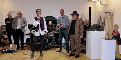 Die Proponenten des Eröffnungsabends: v.l. Mario Borrelli, Hans-Peter Enderlin, Peter Hofer, Fredy Wenk und KuSpi024