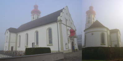 Zwei Ansichten der Gommiswalder Pfarrkirche St. Jakobus im spätherbstlichen Nebelmeer. (Archivbild)