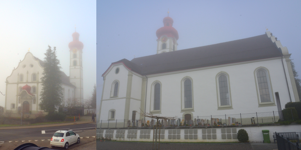 Herbstnebel bei der Gommiswalder Pfarrkirche St. Jakobus, wo die Gedenkfeier stattfinden wird. (Archivbild)