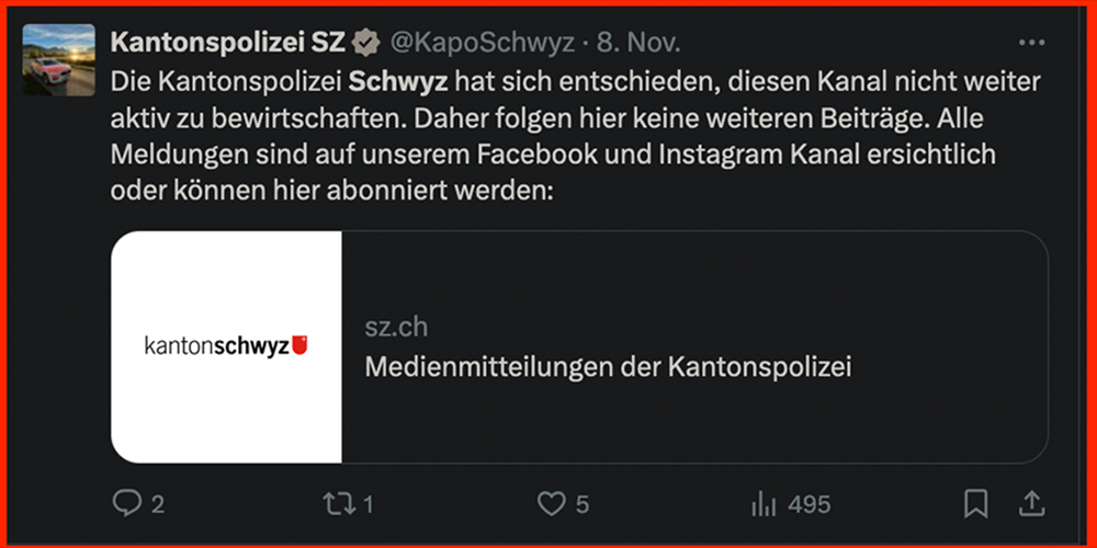 Keine weiteren Beiträge der Kantonspolizei Schwyz auf X. 