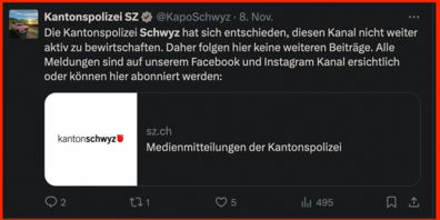 Keine weiteren Beiträge der Kantonspolizei Schwyz auf X. 
