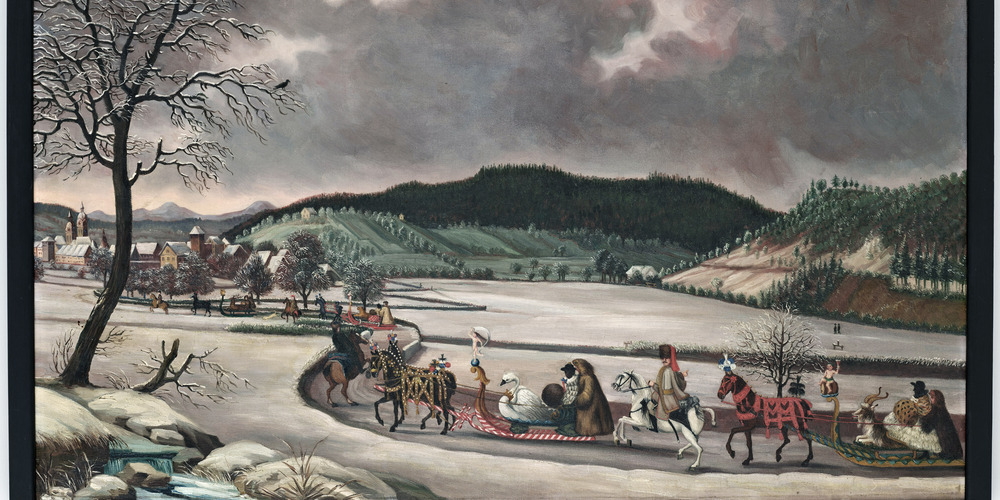 Ein Gemälde von einer Schlittenfahrt im Winter (Ausschnitt)