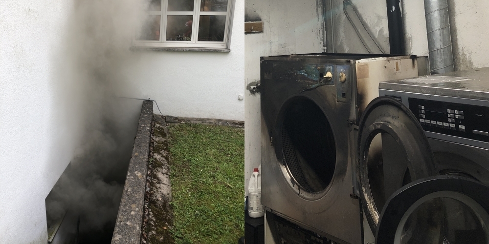 Beim Tumbler-Brand kam es zu einer starken Rauch- und Russentwicklung (li.). Der Tumbler brannte vollständig aus. 