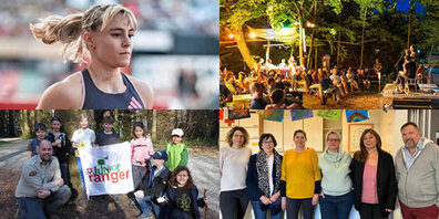 Im Uhrzeigersinn: Catia Gubelmann, Hinterhalt-Festival (2023), das Familienzentrum-Uster-Team sowie Ranger Raphael Böhm und Teilnehmende des Junior-Ranger-Programms.