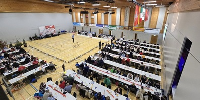 Die Thurzelg-Sporthalle in Oberbüren anlässlich des Weltcup Finales 2024 im "artistic cycling". 