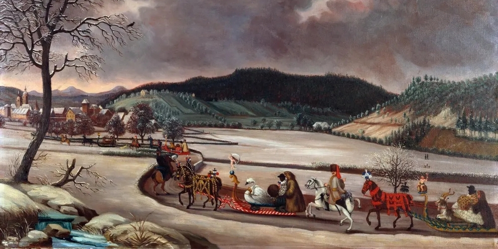 Ein Gemälde von einer Schlittenfahrt im Winter (Ausschnitt)