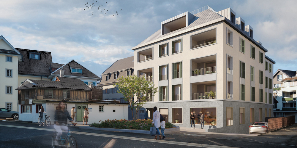 Diese Ansicht zeigt den geplanten Neubau von der Schützenstrasse her. Er wirkt eigenständiger und filigraner als der derzeitige Saal, der ersetzt wird. Gleich links davon ist das alte Mansarddach des historischen «Bären» zu erkennen.