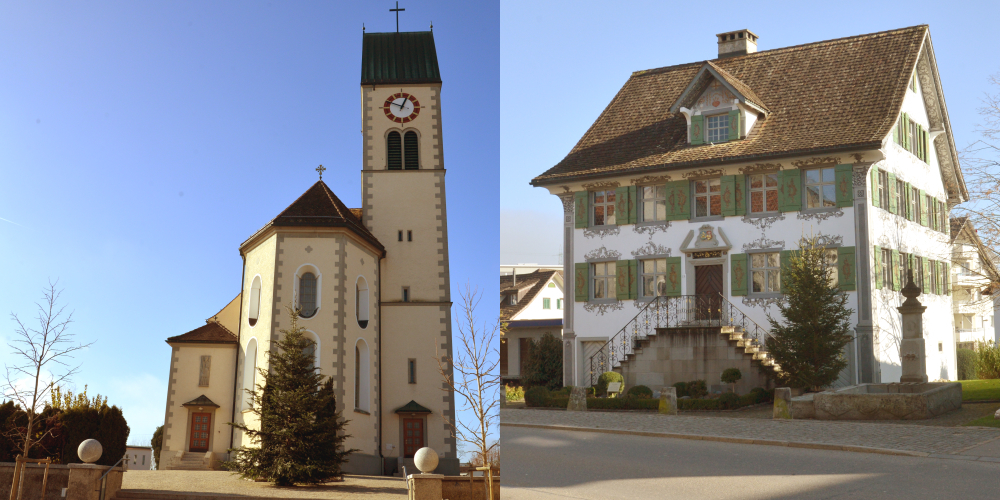 Zwei sehenswerte Gebäude Eschenbachs: die Kirche St.Vinzentius (links) und das Custorhaus.