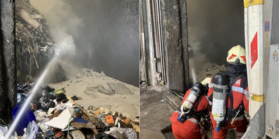 Im Bunker der KVA Linth musste ein Schwelbrand in einem Abfallberg (r.) gelöscht werden. Rund 20 Feuerwehrangehörige waren im Einsatz.