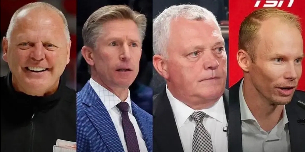 Coaches des Team Canada: (v.l.n.r.) Head Coach Gerard Gallant, Assistenten Dave Hakstol, Mike Kelly und Johan Lundskog (vom SCRJ).