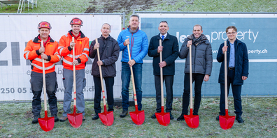 v.l.n.r.: Werner Hohl, Adrian Hohl (Hohl Baugeschäft AG), Heinz Stäheli (Appenzeller Kantonalbank), Christian Hoffmann (ZIMA), Robert Diethelm (Gemeindepräsident Heiden), Daniel Fässler (GF Leven Property AG), Thabo Fehr (Appenzeller Kantonalbank)
