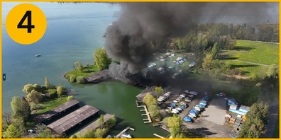 Im Bootshafen der Genossame Lachen sorgt ein Brand für grossen Schaden. Rund ein Dutzend Boote werden zerstört. Die Halle  wird stark beschädigt.