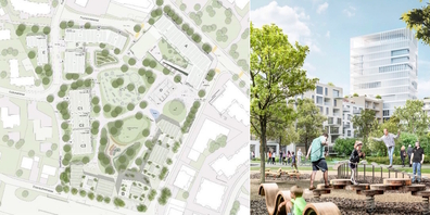 Der Plan zeigt Baufelder im Uzner Streuli-Areal auf (l.). Frühere Visualisierung des öffentlichen Parks und des Hochhauses.
