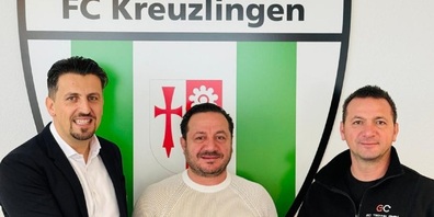 Freuen sich auf eine gute Zusammenarbeit, FCK-Präsident Bujar Emini mit den neuen Namensgebern der Arena Viktor Mulaj, (Inhaber REMU AUTO AG) und Martin Mulaj (Inhaber EC TECHNIK GmbH).