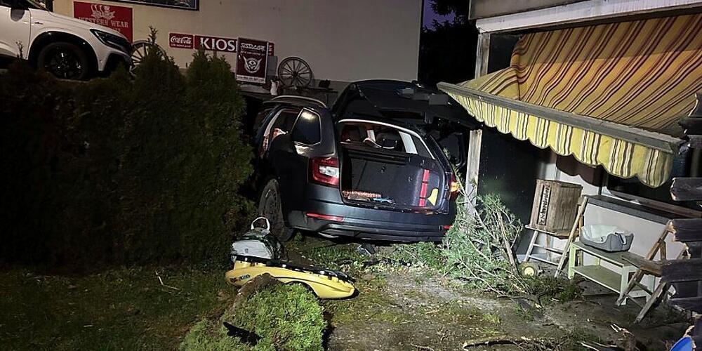 Das Auto mähte Büsche und eine Holzpalisade um.