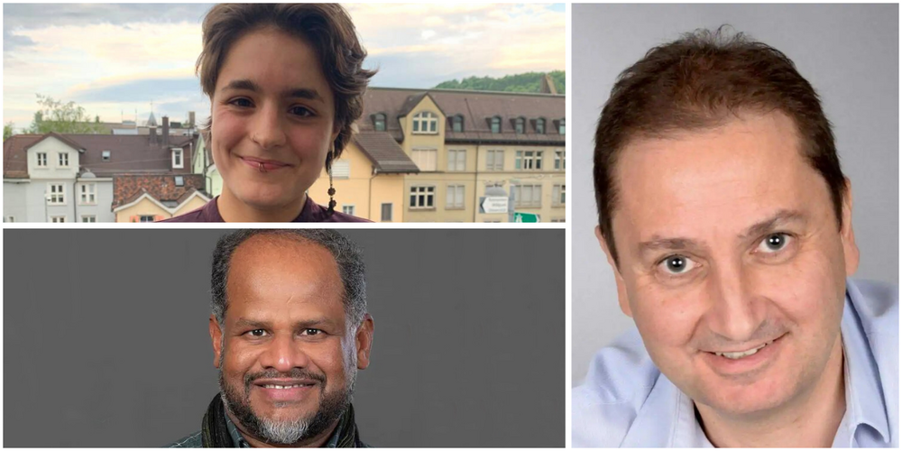 Patrick Jetzer, Präsident Aufrecht St.Gallen (rechts), Miriam Rizvi, Juso (links oben), Jeyakumar Thurairajah, Grüne (links unten)