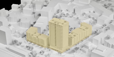 Urbanes Gesicht fürs Uzner Streuli-Areal: Modellbild des Hochhaus-Siegerprojekts von Raumfindung und manoa landschaft (farblich hervorgehoben).