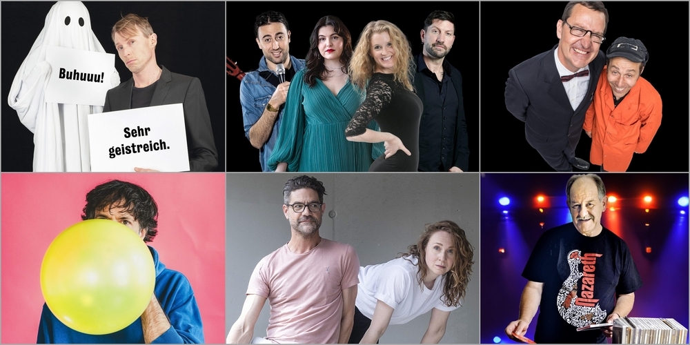 Das erwartet Sie im Frühling (o.v.l.n.r.): Ohne Rolf; 1. Comedy Night mit Monika Romer, Sven Ivanic, Julia Steiner und Nico Arn;  Lapsus; (u.v.l.n.r.): Adrian Stern; Hart auf Hart und natürlich die Rock- und Oldienacht mit DJ Lenz.