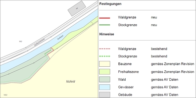 Karte zur Abgrenzung des Waldareals im Bereich der Bauzone Neufeld in Kaltbrunn mit neuer Waldgrenze (rot durchgezogen).