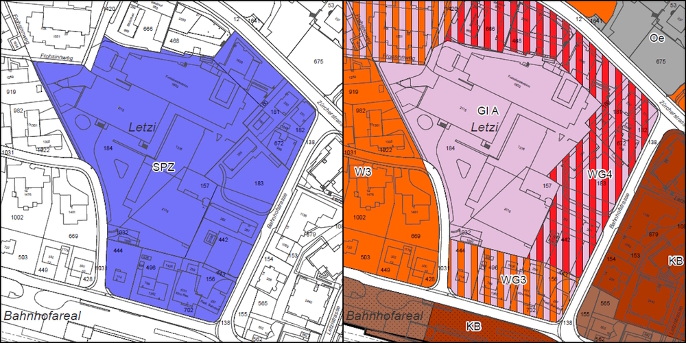 Die durch Umzonung bestehender Bauzonen (r.) neu zu schaffende Schwerpunktzone (l., blau) ist die planungsrechtliche Grundlage des Grossprojekts.