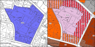 Die durch Umzonung bestehender Bauzonen (r.) neu zu schaffende Schwerpunktzone (l., blau) ist die planungsrechtliche Grundlage des Grossprojekts.