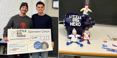Noah Russi aus der Klasse 4S des Gymnasiums (linkes Bild, r.) mit einem Vertreter der Spitalclowns nach der Übergabe des Checks.