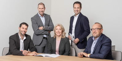 Die sgpk-Geschäftsleitung: Christian Hautle, Stefan Schäfer, Ursula Peyer, Mesut Schmid und Walter Friedlein