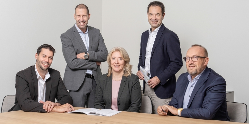 sgkp-Geschäftsleitung: (v.l.) Christian Hautle (Leiter Bereich Finanzen & Support), Stefan Schäfer (Geschäftsführer, Vorsitzender der Geschäftsleitung), Ursula Peyer (Leiterin Bereich Vorsorge), Mesut Schmid (Leiter Bereich Immobilien), Walter Friedlein (Leiter Bereich Kapitalanlagen). 