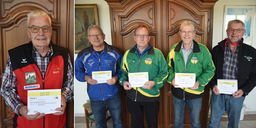 Der Sieger in der Kategorie Veteran Sport: Stoll Werner (l.) der SG Rapperswil/Stadt gewann eine Uhr im Wert von Fr. 3'000.-. Preisgewinner aus dem Gaster: 9. Rang Militär Ordonanz D: Stoop Hans / 2. Rang Kunst Ordonanz Rüegg Willi, Walde/ 3. Rang Militär Ordonanz D: Jud Alfred, Maseltrangen (nicht auf dem Bild, durch Werner vertreten) / 6. Rang Militär Ordonnanz E: Seliner Josef, Benken.