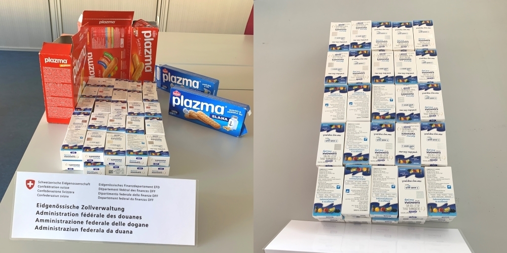 In diesen Kekspackungen (li.) versuchte ein 49-jähriger Serbe, 50 Packungen des Potenzmittels Kamagra einzuführen.