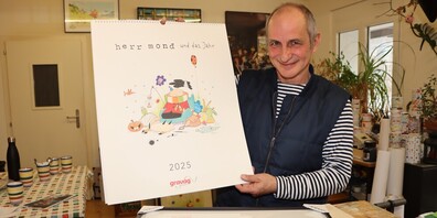 Mit einem spitzbübischen Lächeln präsentiert der Rheintaler Illustrator Patrick Steiger seinen ersten, selbst gestalteten Kalender mit 13 witzigen und farbenfrohen Bildern