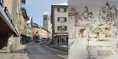 Die Zeichnung (rechts) zeigt Uznach im Mittelalter und die Foto (links) zeigt Uznach heute.
