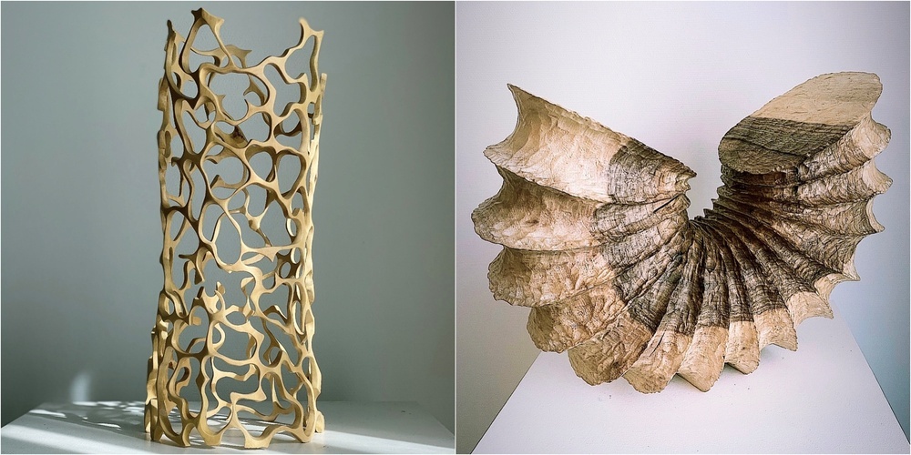 Markus Bhend fertigt Skulpturen aus Altholz an: «Solas» (l.) und «Fossile».