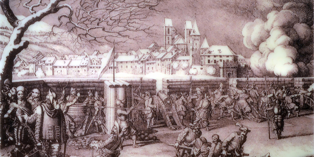 Ostansicht von Rapperswil aus der Perspektive der Zürcher Truppen, links unten General Hans Rudolf Werdmüller, 1855, Zeichnung von Johann Jakob Oeri.