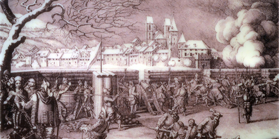 Ostansicht von Rapperswil aus der Perspektive der Zürcher Truppen, links unten General Hans Rudolf Werdmüller, 1855, Zeichnung von Johann Jakob Oeri.
