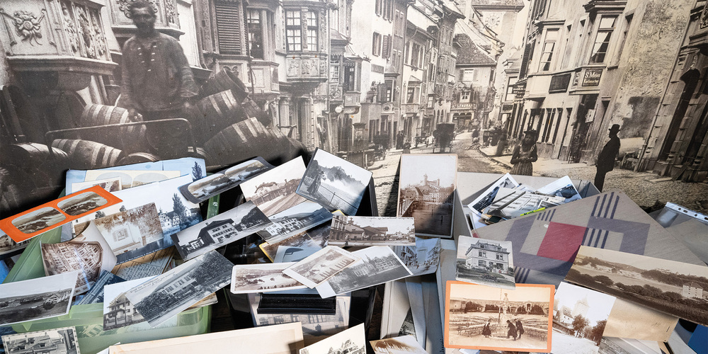 Eindrückliche Collage mit einer Auswahl an wertvoller Stadtgeschichte. Erkennen Sie die Gasse im schwarz-weissen Hintergrund?