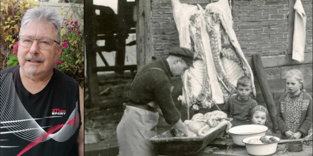 Walter Jucker (links) und ein historisches Foto aus seinem Buch, das einen Störmetzger zeigt (rechts).