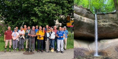 Während der Wanderung kam die MTV-Turnfamilie (l.) an einem imposanten Wasserfall (r.) vorbei.