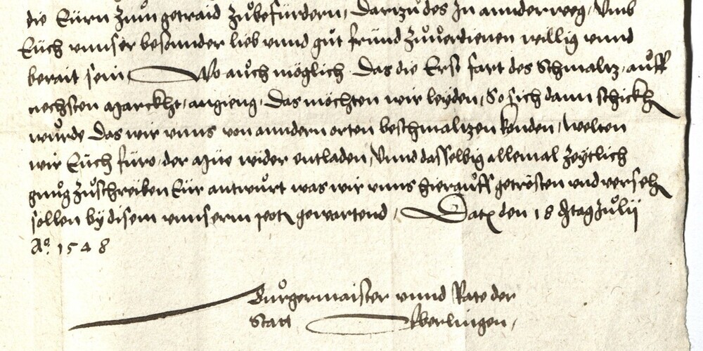 Die Missive vom 18. Juli 1548 erreicht St.Gallen aus Überlingen, der Stadt mit einem der grössten (Korn)Märkte Oberdeutschlands