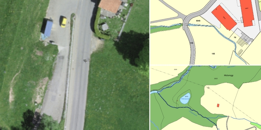 Die Verfahren: Teilstrassenplan Glärnischweg in Hintergoldingen (l.), Sondernutzungsplan Gewässerraum Gerendingerbach in St. Gallenkappel (o.r.) und Teilstrassenplan Webereggweg (u.r.).