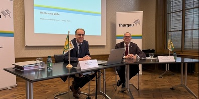 Regierungsrat Urs Martin, Chef des Departementes für Finanzen und Soziales, sowie Urs Meierhans, Leiter der Finanzverwaltung, präsentieren die Jahresrechnung 2024.