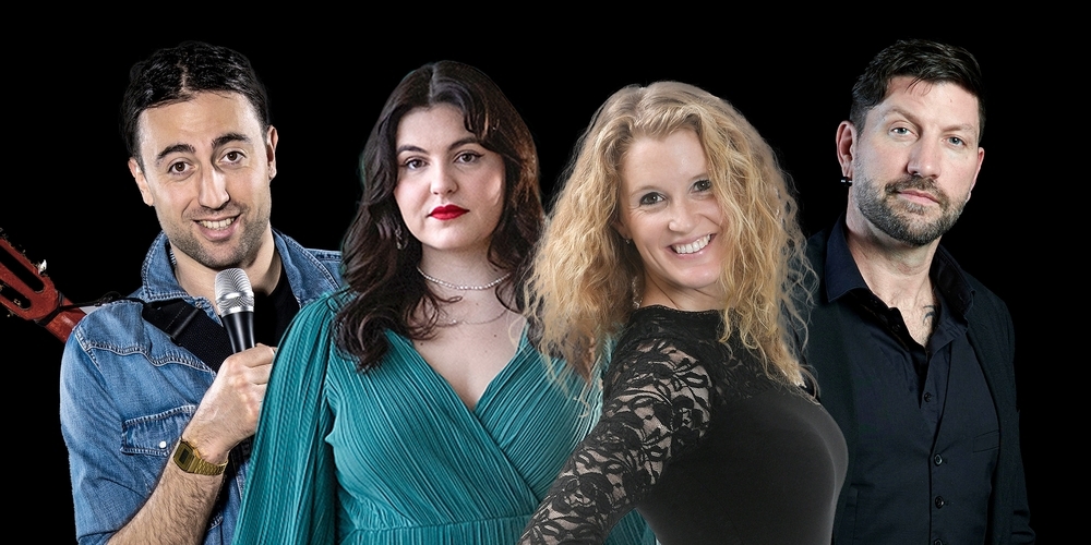 Comedy Night mit den Comedians Sven Ivanic, (l., bekannt durch die SRF-Satire-Show «Die Sendung des Monats»), Julia Steiner (2. v.l., Swiss Comedy Award – Best Talent-Gewinnerin) und der erfolgreiche Musiker und Comedian Nico Arn (r.). Der illustre Abend moderiert die Kaltbrunner Kabarettistin, Sängerin und Schauspielerin Monika Romer (2.v.r.).