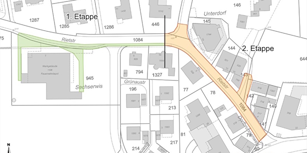 Die Arbeiten an der Benkner Rietstrassen sollen in zwei Etappen und Abschnitten (grün und orange) durchgeführt werden.