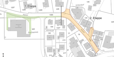 Die Arbeiten an der Benkner Rietstrassen sollen in zwei Etappen und Abschnitten (grün und orange) durchgeführt werden.