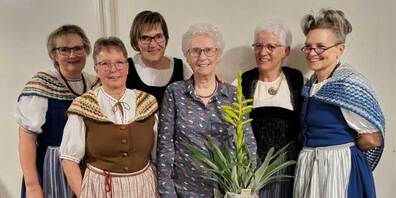 Die Mitglieder der Trachtengruppe Küblis freuen sich mit Cäcilia über ihr Jubiläum. An der diesjährigen GV wurde ihr dafür eine langlebige Ananasstaude überreicht. Der Vorstand durfte mit aufs Foto. Alle anderen kamen in den Genuss aufs Knöpfchen zu drücken.