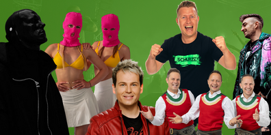 Collage mit Glockenbach (v.l.), 2 Engel & Charlie, Tobee, Die Jungen Zillertaler, Schürze und STVW