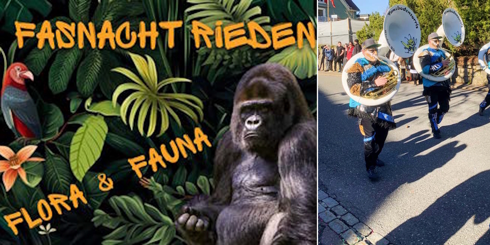 Das Motto der Fasnacht Rieden 2025 heisst «Flora & Fauna» (l.). Der Umzug, unter anderem mit den Tanzbodensurris, ist am Samstag, 22. Februar 2025.