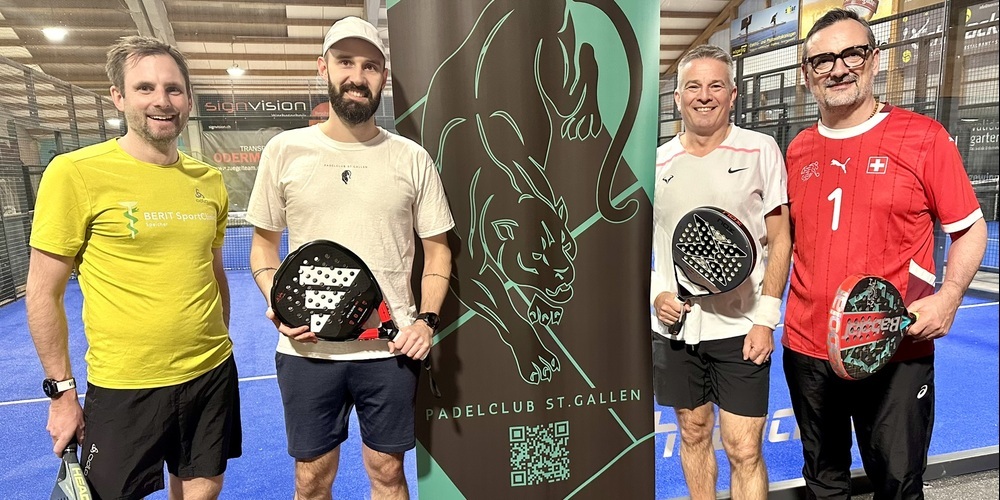  Hanspeter Betschart, Chefarzt Berit SportClinic, Basil Strässle, Präsident Padelclub St.Gallen, Frank Trolp,  Padelclub St.Gallen, und Peder Koch, CEO und Delegierter des Verwaltungsrates der Berit-Klinik, freuen sich auf die gemeinsame Zusammenarbeit