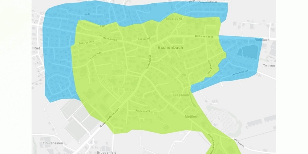 Karte zur Planung der Fernwärme in Eschenbach mit grün = aktueller Fokus, blau = mögliche Erweiterungen.